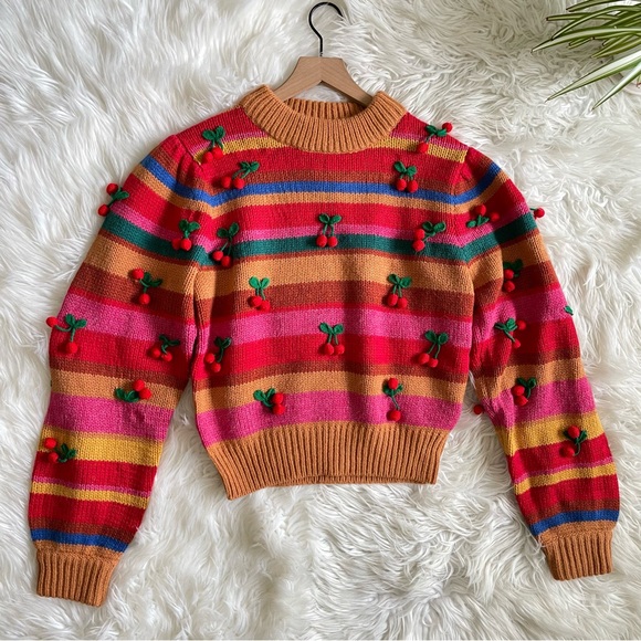 Farm Rio Colorful Stripe 3D Cherry Crochet Wool Blend Sweater NWT Small - Picture 5 of 16